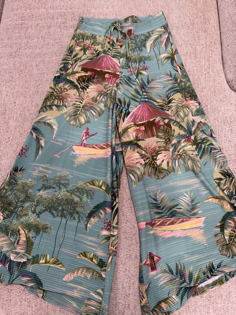 FARM Rio Teal Tropical Wide-Leg Pants with Pink & Green Print